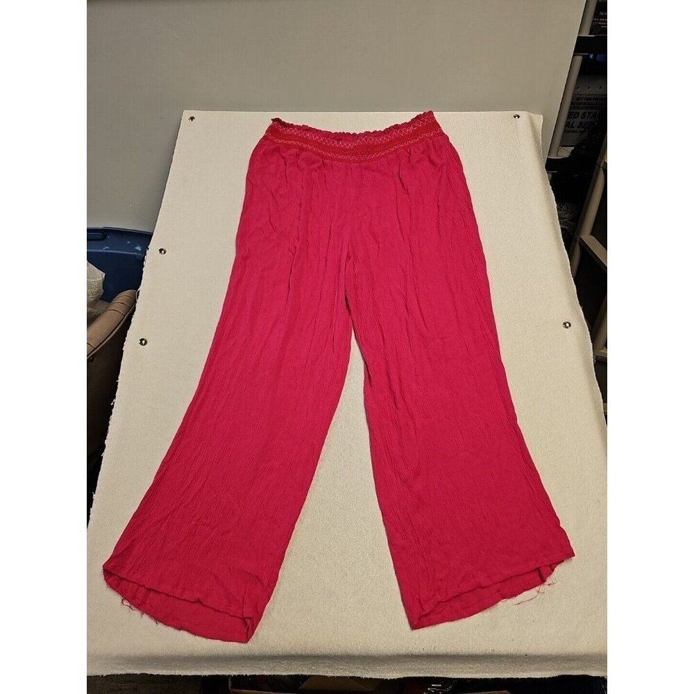 Love Stitch‎ Pink Smocked Waist Wide Leg Rayon Pants 1X Boho Crinkle Trousers